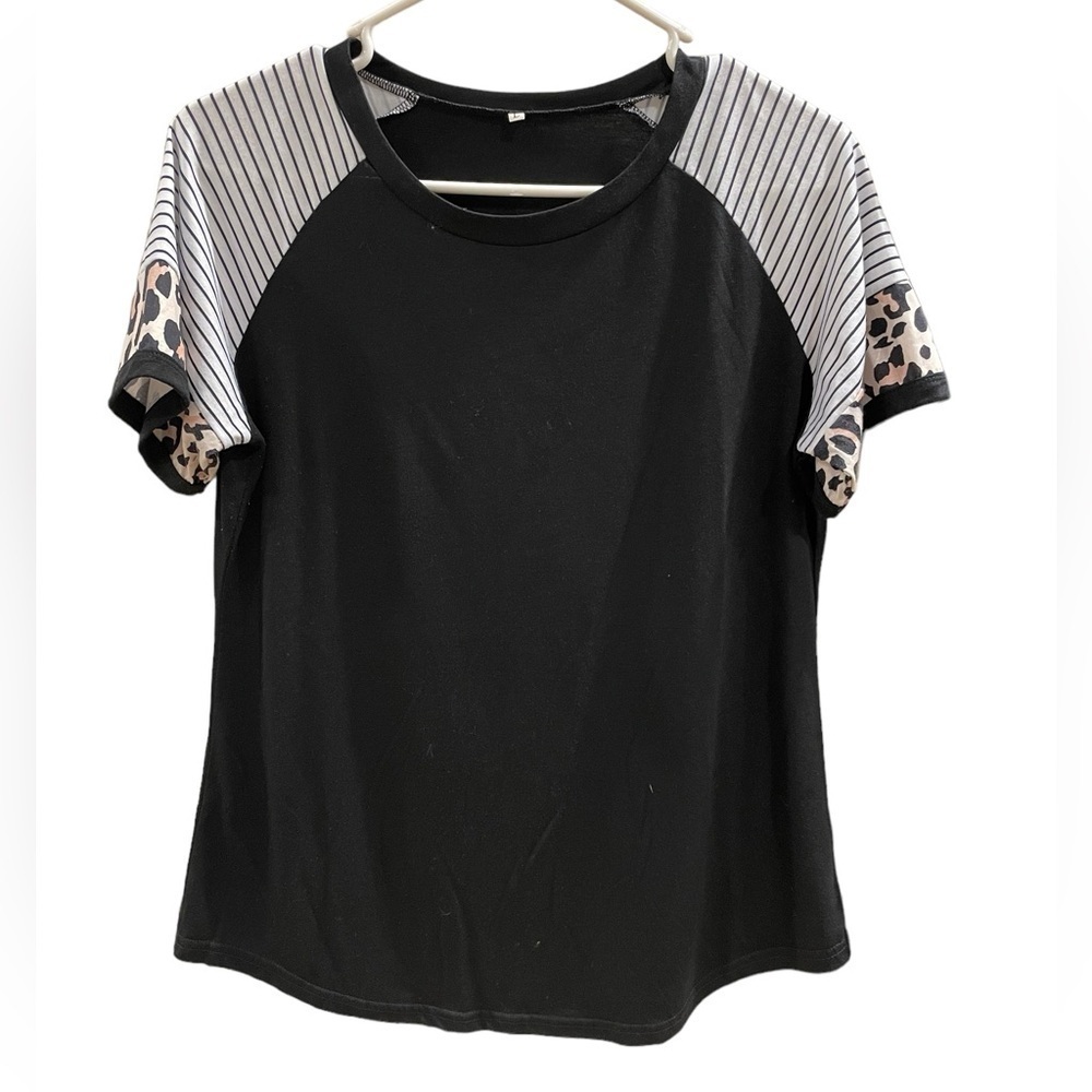 Boutique Cotton Short Sleeve Striped and Leopard Shirt